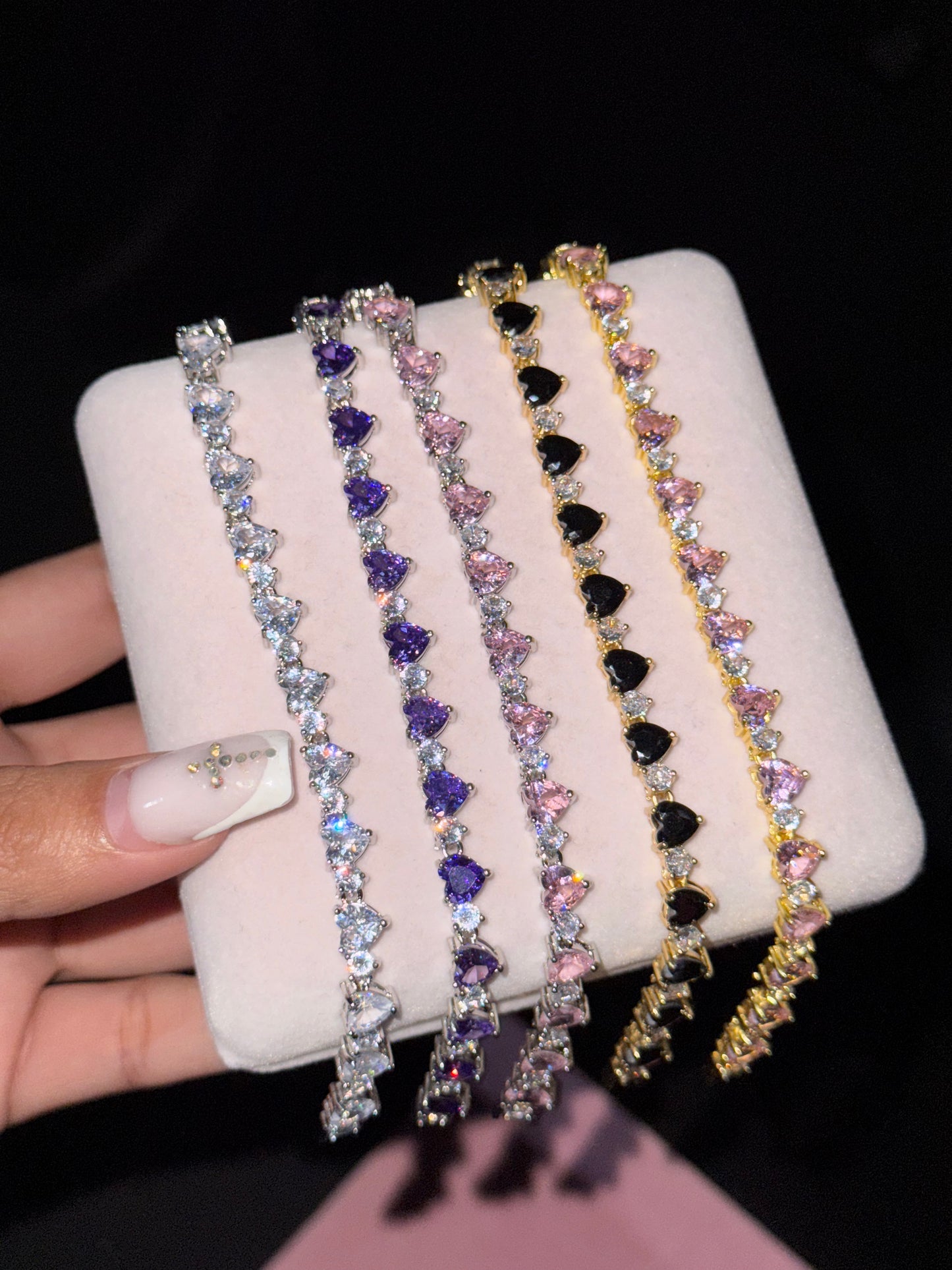 Pulsera tennis forma de corazón Morado plateado