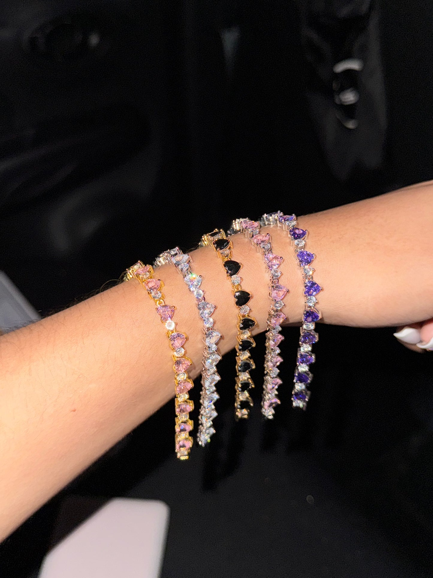 Pulsera tennis forma de corazón Morado plateado