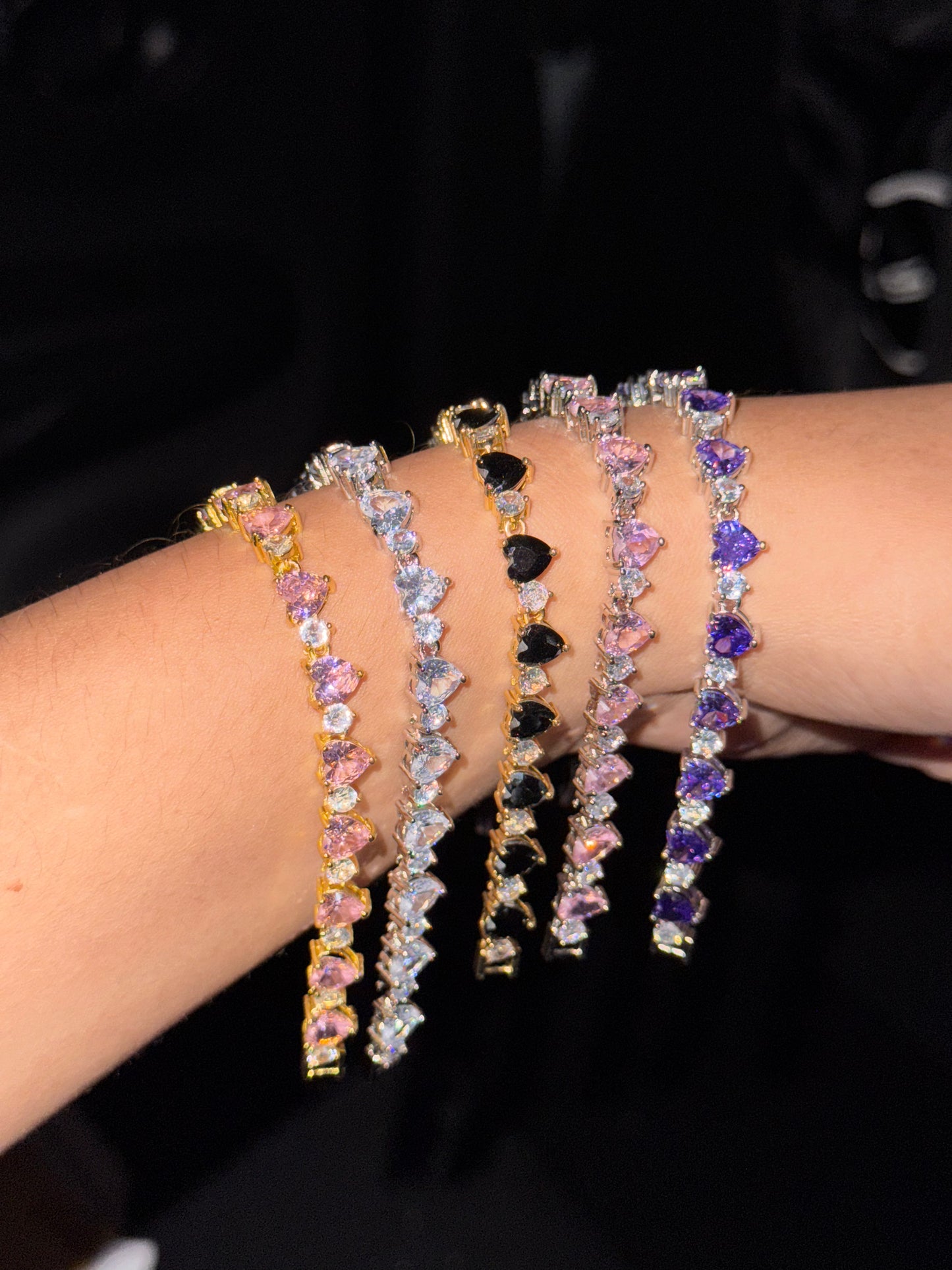 Pulsera tennis forma de corazón Morado plateado