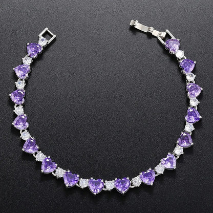 Pulsera tennis forma de corazón Morado plateado